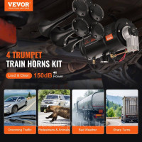 Vevor 310089 Комплект гудків для поїздів, 4-х трубний комплект повітряних гудків, 150 дБ для пікапів, повітряний компресор 12 В