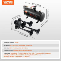 Vevor 310089 Комплект гудків для поїздів, 4-х трубний комплект повітряних гудків, 150 дБ для пікапів, повітряний компресор 12 В