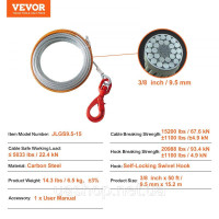 Vevor 310170 Строп Сталевий трос 9,5 мм x 15,2 м Міцність на розрив троса 67,6 кН Лісовий трос з поворотним гаком Підйомний трос