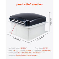 Vevor 311184 Fection Hertomple Fection 410x410x252 мм, вентилятор даху 12 В, оборотний вентилятор з 10 передачами та дистанційним