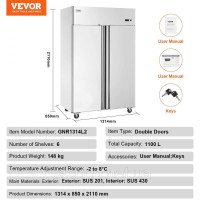 Vevor 311214 Торговий холодильник 1100 л, 2 двері, холодильник з нержавіючої сталі з автоматичним розморожуванням, 6 полиць,