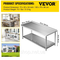 Vevor 311635 Комерційний стіл з нержавіючої сталі 183 x 76 x 86 см, нержавіюча сталь Двошаровий робочий стіл Обробний стіл Gastro Vevor 311635 Комерційний стіл з нержавіючої сталі 183 x 76 x 86 см, нержавіюча сталь Двошаровий робочий стіл Обробний стіл Gastro