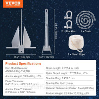 Vevor 310979 Набір якорів Сталевий гарячеоцинкований якір з ланцюгом 2,4 м, канатом 30,8 м і двома 11-міліметровими скобами, якір Vevor 310979 Набір якорів Сталевий гарячеоцинкований якір з ланцюгом 2,4 м, канатом 30,8 м і двома 11-міліметровими скобами, якір