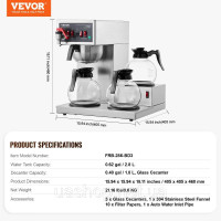 Vevor 312004 Професійна крапельна кавоварка Кавоварка 3 скляні графини 12 чашок