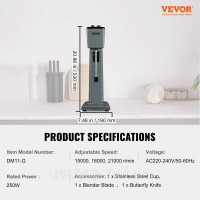 Vevor 312159 Змішувач для напоїв Pro 250 Вт з однією головкою, 3 регульовані швидкості 15000/18000/21000 об/хв, чашка з Vevor 312159 Змішувач для напоїв Pro 250 Вт з однією головкою, 3 регульовані швидкості 15000/18000/21000 об/хв, чашка з