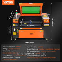 Vevor 312679 Лазерний гравірувальний верстат CO2 потужністю 60 Вт, 400x600 мм, 500 мм/с, лазерне різання з двостороннім повітряним