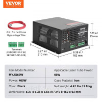Vevor 312682 Джерело живлення лазера CO2 для лазерної трубки 60 Вт, захист від постійного струму, захист від холостого ходу,