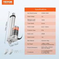Vevor 313081 1500N Лінійний привід DC 12V Лінійний привід IP54 Електричний лінійний двигун 100 мм довжина ходу Рівень шуму ≤ 60 дБ Vevor 313081 1500N Лінійний привід DC 12V Лінійний привід IP54 Електричний лінійний двигун 100 мм довжина ходу Рівень шуму ≤ 60 дБ