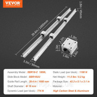 Vevor 313106 Лінійна напрямна лінійна рейка 2 шт SBR16-1000мм вуглецева сталь алюмінієва лінійна напрямна з 4 шт SBR16UU розсувні