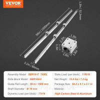 Vevor 313111 Лінійна напрямна лінійна напрямна 2 шт SBR16-1500мм вуглецева сталь алюмінієва лінійна рейка з 4 шт SBR16UU розсувні