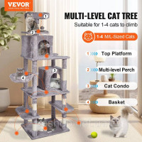 Vevor 313642 Дряпка для котячого дерева Котяча дряпка 2 будиночки для котів, сизаль, 174 см, світло-сірий