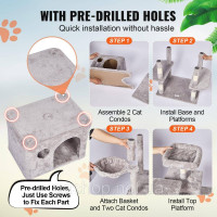 Vevor 313642 Дряпка для котячого дерева Котяча дряпка 2 будиночки для котів, сизаль, 174 см, світло-сірий