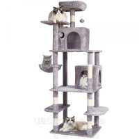 Vevor 313642 Дряпка для котячого дерева Котяча дряпка 2 будиночки для котів, сизаль, 174 см, світло-сірий