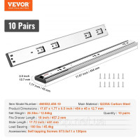 Vevor 313270 Направляючі для шухляд 10 пар шарикопідшипників 457,2 мм Безшумне м'яке закриття 45,4 кг Боковий сталевий напрямні