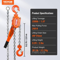 Vevor 314016 Храповий таль Сталева таль вантажопідйомність 1,5 т Вантажопідйомність шківа 2,8 м Висота підйому важільної талі