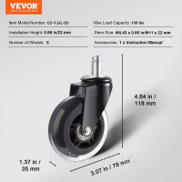 Vevor 314456 Офісні крісла на коліщатках (набір з 5) φ76.2MM Запасні поліуретанові тверді підлогові коліщатка Настільний стілець