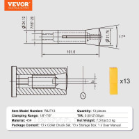 Vevor 314567 Набір прецизійних цангових патронів 13 предметів R8, 1/8-7/8 дюйма (3,2-22,2 мм), легована сталь 45# 30 мкм TIR для
