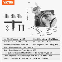 Vevor 314593 Поворотний стіл для горизонтально-вертикального фрезерного верстата 100 мм з 3-кулачковим патроном 80 мм та
