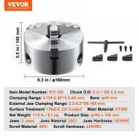 Vevor 314616 Токарний патрон K11-160 160мм трикулачковий патрон HT300 Матеріал 3-х кулачковий патрон Діапазон затиску 3,5-160мм