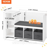 Vevor 314742 Книжкова полиця Подушка для сидіння Дитяча полиця Лава 6 відділень Біла Лавка для зберігання