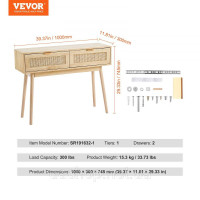 Vevor 314761 Консольний столик з ротанга з 2 шухлядами, столик для передпокою з ротанга з розсувними дверима з натурального Vevor 314761 Консольний столик з ротанга з 2 шухлядами, столик для передпокою з ротанга з розсувними дверима з натурального