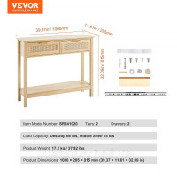 Vevor 314760 Консольний столик з ротанга з 2 шухлядами, столик для передпокою з ротанга з розсувними дверима з натурального Vevor 314760 Консольний столик з ротанга з 2 шухлядами, столик для передпокою з ротанга з розсувними дверима з натурального
