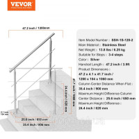 Vevor 315769 Поручні для сходів для вулиці, довжина 47,2 дюйма, 2 поперечини, комплект поручнів для сходів, перехідні поручні з
