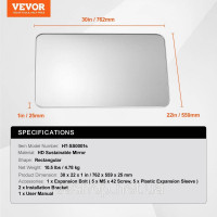 Vevor 316048 Прямокутне настінне дзеркало VEVRO Дзеркало для макіяжу 762x559x25 мм Дзеркало для ванної кімнати Vevor 316048 Прямокутне настінне дзеркало VEVRO Дзеркало для макіяжу 762x559x25 мм Дзеркало для ванної кімнати