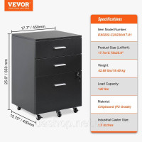 Vevor 314960 Бічний контейнер 3-поверхова шафа для документів з 3 шухлядами + 2 ключі, вантажопідйомність 63,5 кг, шафа для Vevor 314960 Бічний контейнер 3-поверхова шафа для документів з 3 шухлядами + 2 ключі, вантажопідйомність 63,5 кг, шафа для