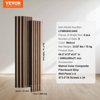 Vevor 316097 4x акустичні панелі акустичні стінові панелі планка 2400x200мм горіх
