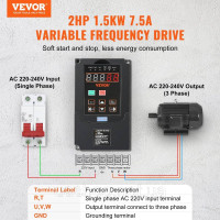 Vevor 316229 Частотний перетворювач VFD 1,5 кВт, 7,5 А 1/3-фазний вхід на 3-фазний вихід