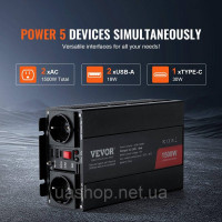 Vevor 316228 Синусоїдальний інвертор, 1500 Вт постійного струму 12 В змінного струму 230 В з 2 розетками змінного струму 2 портами Vevor 316228 Синусоїдальний інвертор, 1500 Вт постійного струму 12 В змінного струму 230 В з 2 розетками змінного струму 2 портами
