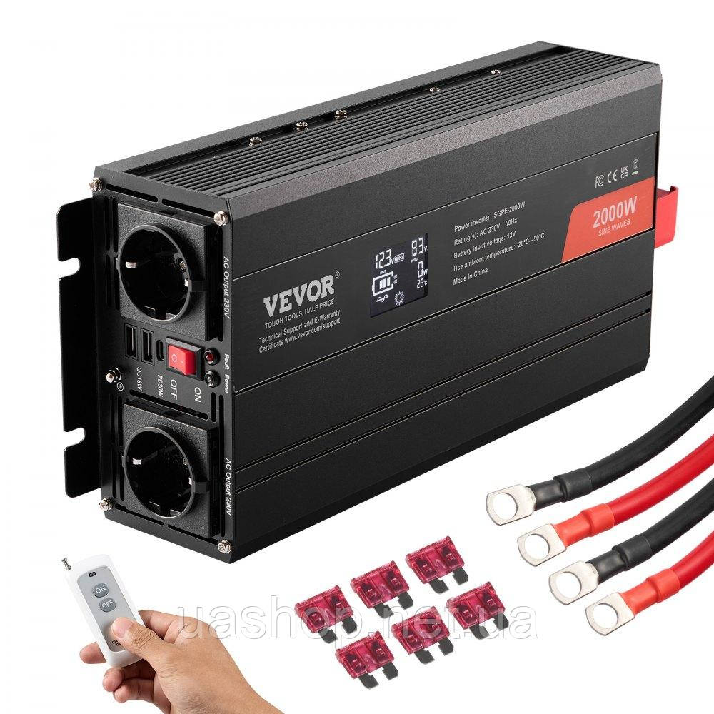 Vevor 316236 Інвертор з чистою синусоїдою 2000 Вт DC 12V AC 230V Перетворювач напруги з 2 розетками змінного струму 2 портами USB