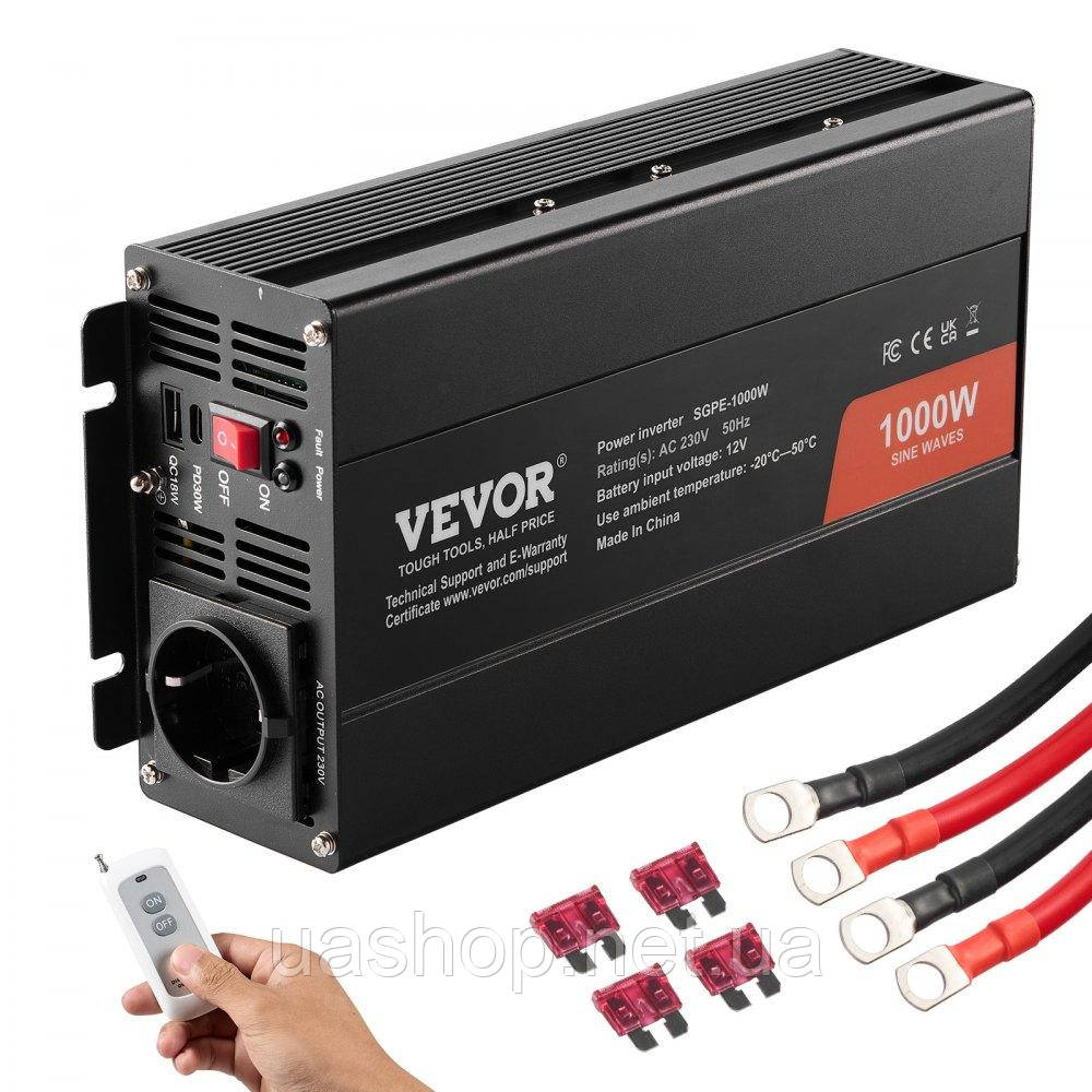 Vevor 316235 Інвертор з чистою синусоїдою 1000 Вт DC 12V AC 230V перетворювач напруги з 2 розетками змінного струму 2 портами USB