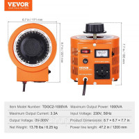 Vevor 316246 Трансформатор змінної напруги 1000VA, 3,3 ампера, вхід 230 В, вихід 0-300 В, джерело живлення з регулятором змінної Vevor 316246 Трансформатор змінної напруги 1000VA, 3,3 ампера, вхід 230 В, вихід 0-300 В, джерело живлення з регулятором змінної