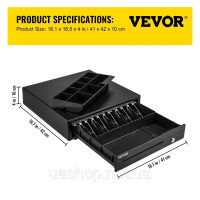 Vevor 315207 Касова шухляда 40,64 см, квадратна, грошова шухляда, 3 способи розблокування, роз'єм RJ11/RJ12, 5 відділень для купюр