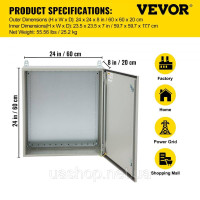 Vevor 316466 Розподільна шафа 60x60x20см NEMA 4 корпус IP65 водонепроникна і пилонепроникна розподільна шафа з холоднокатаної Vevor 316466 Розподільна шафа 60x60x20см NEMA 4 корпус IP65 водонепроникна і пилонепроникна розподільна шафа з холоднокатаної