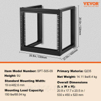 Vevor 316480 Серверна стійка 9U, настінна, 68,04 кг, мережева стійка з відкритим каркасом, 530x450x520 мм