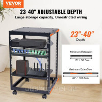Vevor 316489 Серверна стійка 15U з відкритою рамою, регульована глибина 58,5-101,6 см/23-40 дюймів, окремостояча або настінна