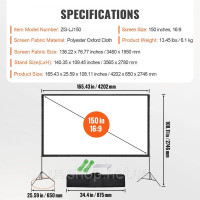 Vevor 315354 Проекційний екран з підставкою 381 см HD 4K для зовнішнього та внутрішнього проекторів, швидко складаний портативний Vevor 315354 Проекційний екран з підставкою 381 см HD 4K для зовнішнього та внутрішнього проекторів, швидко складаний портативний