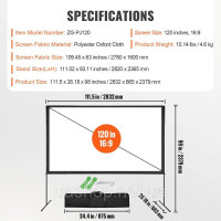 Vevor 315348 Полотно проектора Projector з підставкою 304,8 см HD 4K відкритий внутрішній екран проектора швидко складного