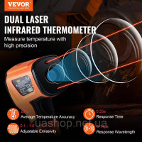 Vevor 316559 Інфрачервоний термометр IR 50:1 Пірометр -40°C до 1500°C Лазерний термометр 180x120x60мм Термометр не для тіла людини Vevor 316559 Інфрачервоний термометр IR 50:1 Пірометр -40°C до 1500°C Лазерний термометр 180x120x60мм Термометр не для тіла людини
