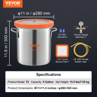 Vevor 316629 Вакуумна камера 19 L Вакуумна дегазаційна камера з нержавіючої сталі (діаметр 28 см, висота 30 см) Вакуумний насос