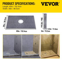 Vevor 315433 Душовий піддон, 96,5 x 152,4 см, ABS, водонепроникний, з центральним фланцем з ABS 10,2 см, решіткою з нержавіючої Vevor 315433 Душовий піддон, 96,5 x 152,4 см, ABS, водонепроникний, з центральним фланцем з ABS 10,2 см, решіткою з нержавіючої