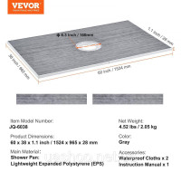 Vevor 315426 Набір водонепроникних душових піддонів, 152,4 x 96,5 см, з центральним зливом, потовщений