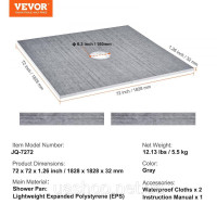 Vevor 315431 Набір водонепроникних душових піддонів, 182,9 x 182,9 см, з центральним зливом, потовщений