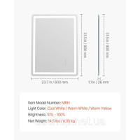 Vevor 315467 LED Дзеркало для ванної Косметичне дзеркало 3 кольори настінне 60x80см