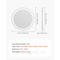 Vevor 315470 LED Дзеркало для ванної Косметичне дзеркало 3 кольори настінне 60см кругле