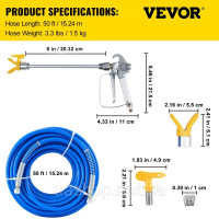 Vevor 315571 Комплект шлангів для безповітряного розпилення фарби, 15 м, поворотний 0,64 см, 248 бар, з наконечником 517 Vevor 315571 Комплект шлангів для безповітряного розпилення фарби, 15 м, поворотний 0,64 см, 248 бар, з наконечником 517