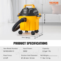 Vevor 315585 Пилосос для вологого та сухого прибирання промисловий пилосос 10л 2.5HP з жовтими насадками